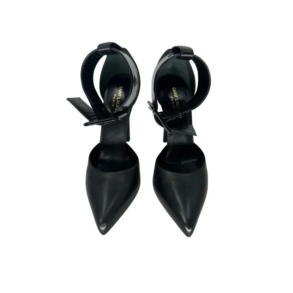 Saint Laurent Leather Pointed Toe Ankle Strap Pump Heels Black Women's Size 38.5